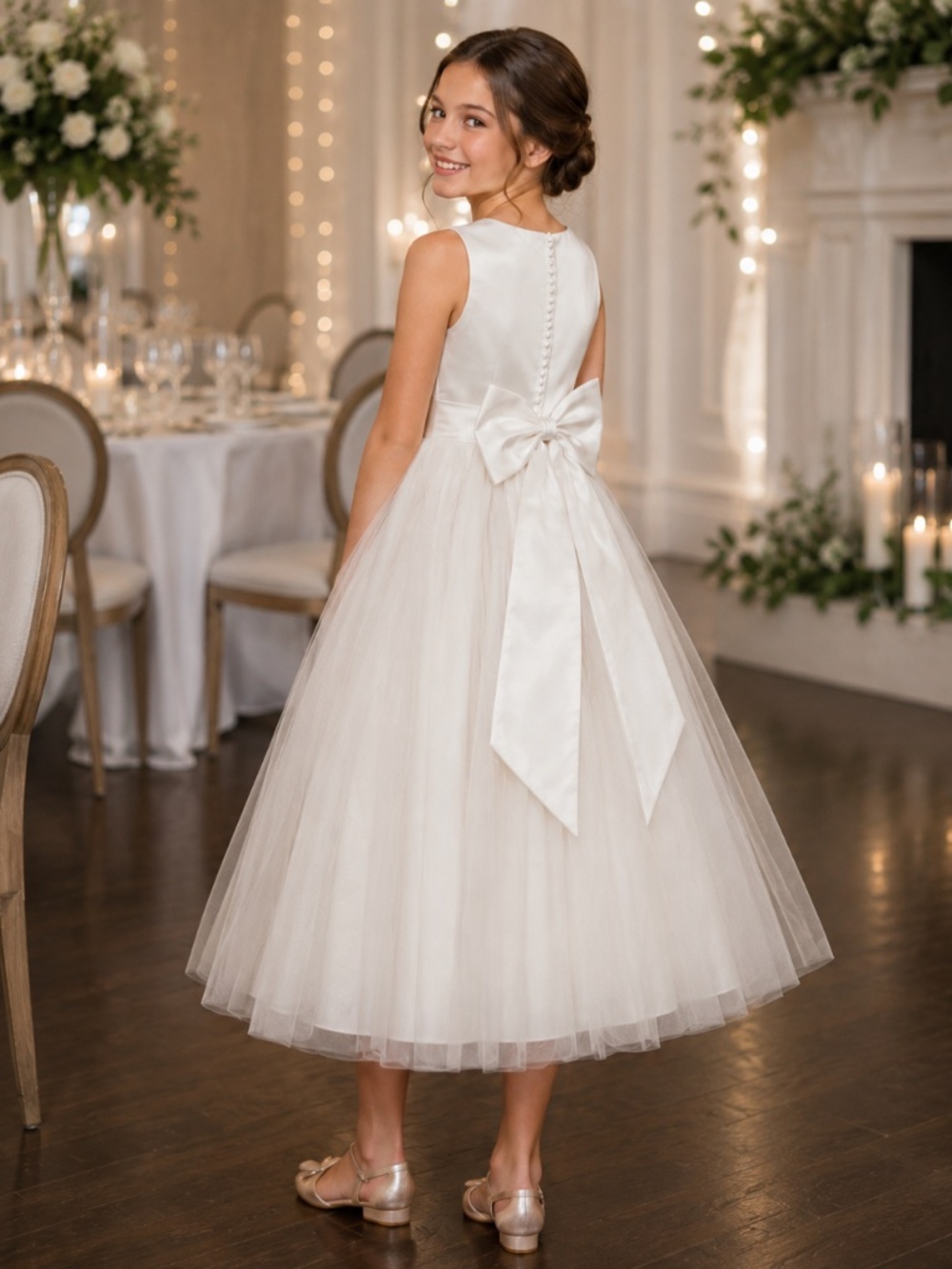 David's Bridal Flower Dress Girls. Ivory. Satin and Tull. 10